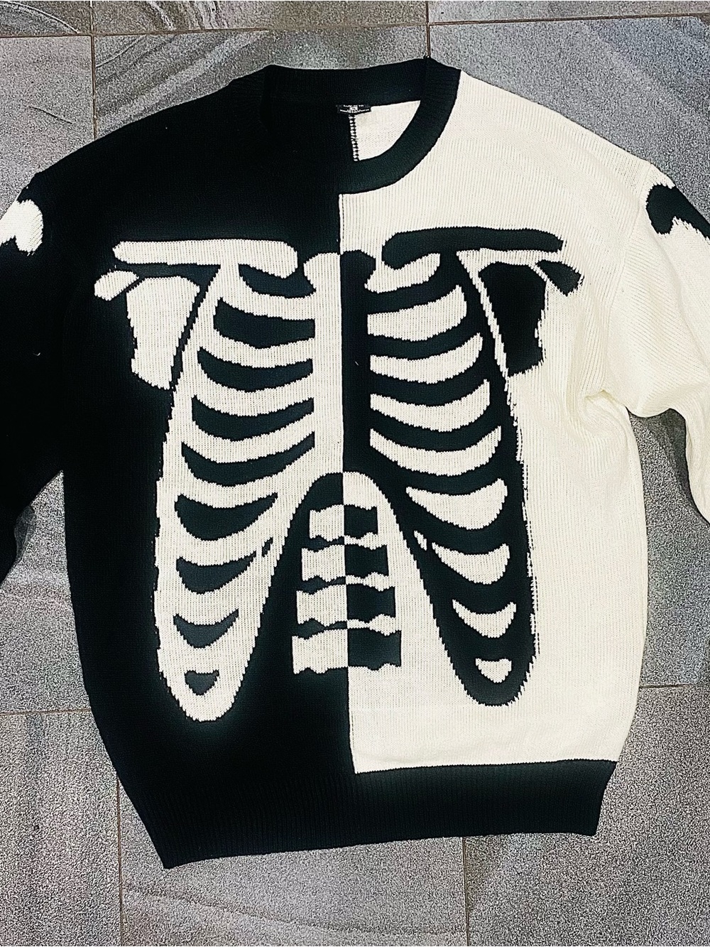 Unisex FSBN Split Two Tone Black & White Skeleton Ribcage Knit Crew Neck Sweater